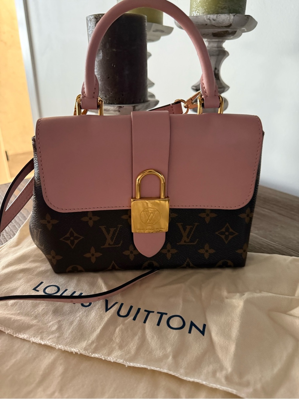 Louis Vuitton Pink and Monogram Lock-Front Top Handle Satchel Locky Rose BB